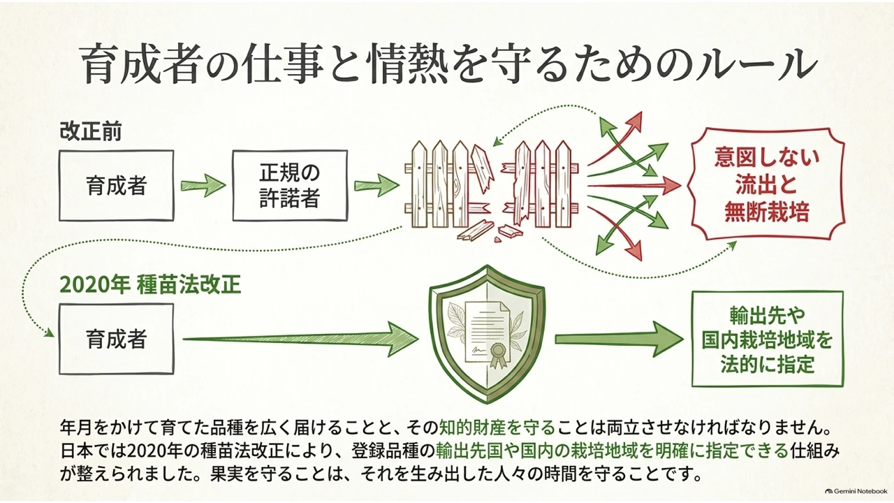 改正前は育成者から正規の許諾者を経て意図しない流出・無断栽培に至っていた流れと、2020年の種苗法改正後は輸出先や国内栽培地域を法的に指定できるようになった流れを対比した図