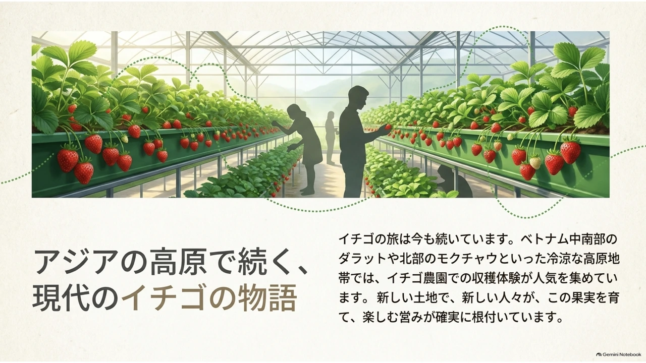ベトナムの高原にある近代的なイチゴ農園で、栽培者が実を収穫する様子を描いたイラスト