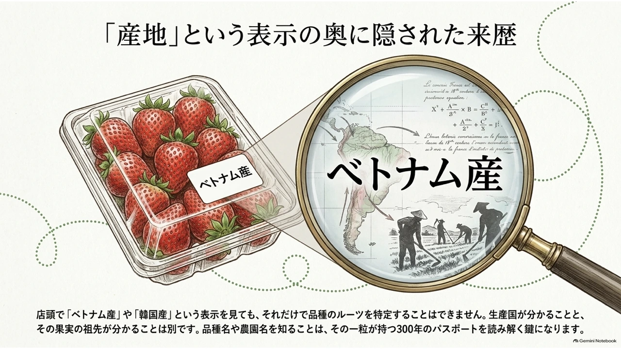 パック詰めの「ベトナム産」イチゴと、虫眼鏡で覗き込むとその奥に南米・交雑の歴史が浮かび上がる様子を示した図