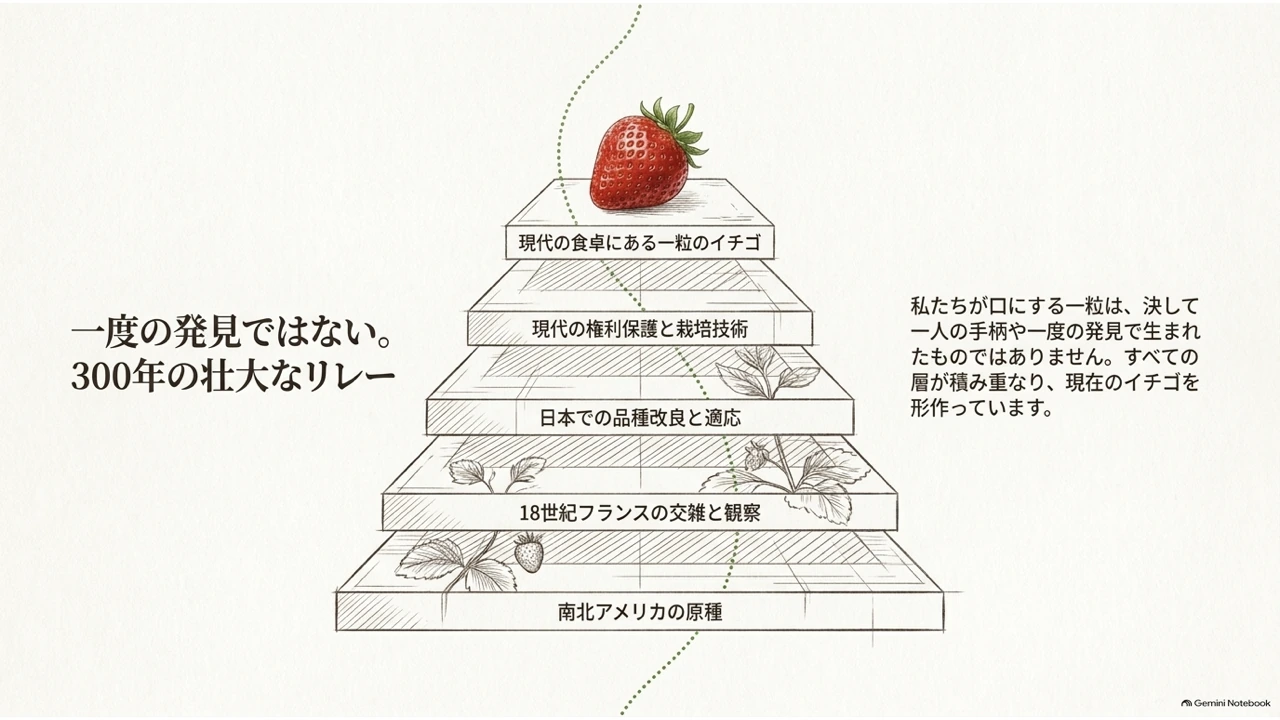 積み重なる階段状の台の上にイチゴが乗る図。南北アメリカの原種から現代の食卓まで、5つの層が積み重なる様子を示す