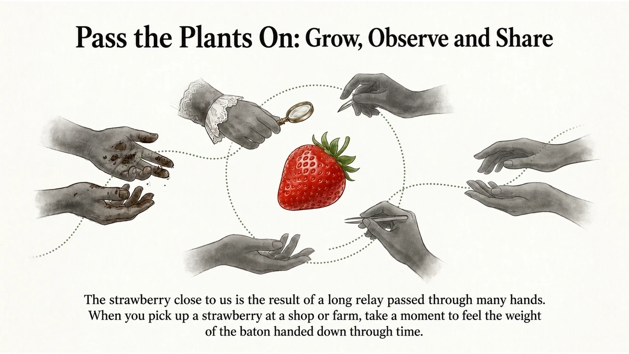 Many hands representing cultivation, observation, breeding and passing plants forward