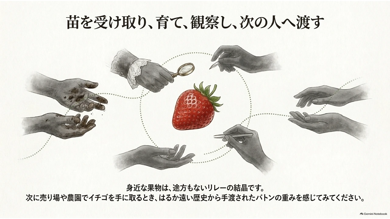 複数の手がイチゴを中心に円を描くように取り囲み、土のついた手・虫眼鏡を持つ手・ピンセットを持つ手など、それぞれ異なる役割で果実に関わる様子を示す図