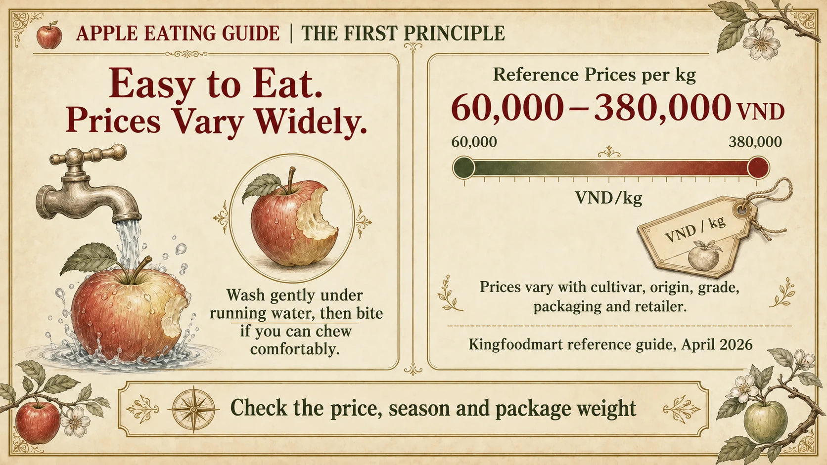 Indicative apple prices in Vietnam ranging from VND 60,000 to 380,000 per kg