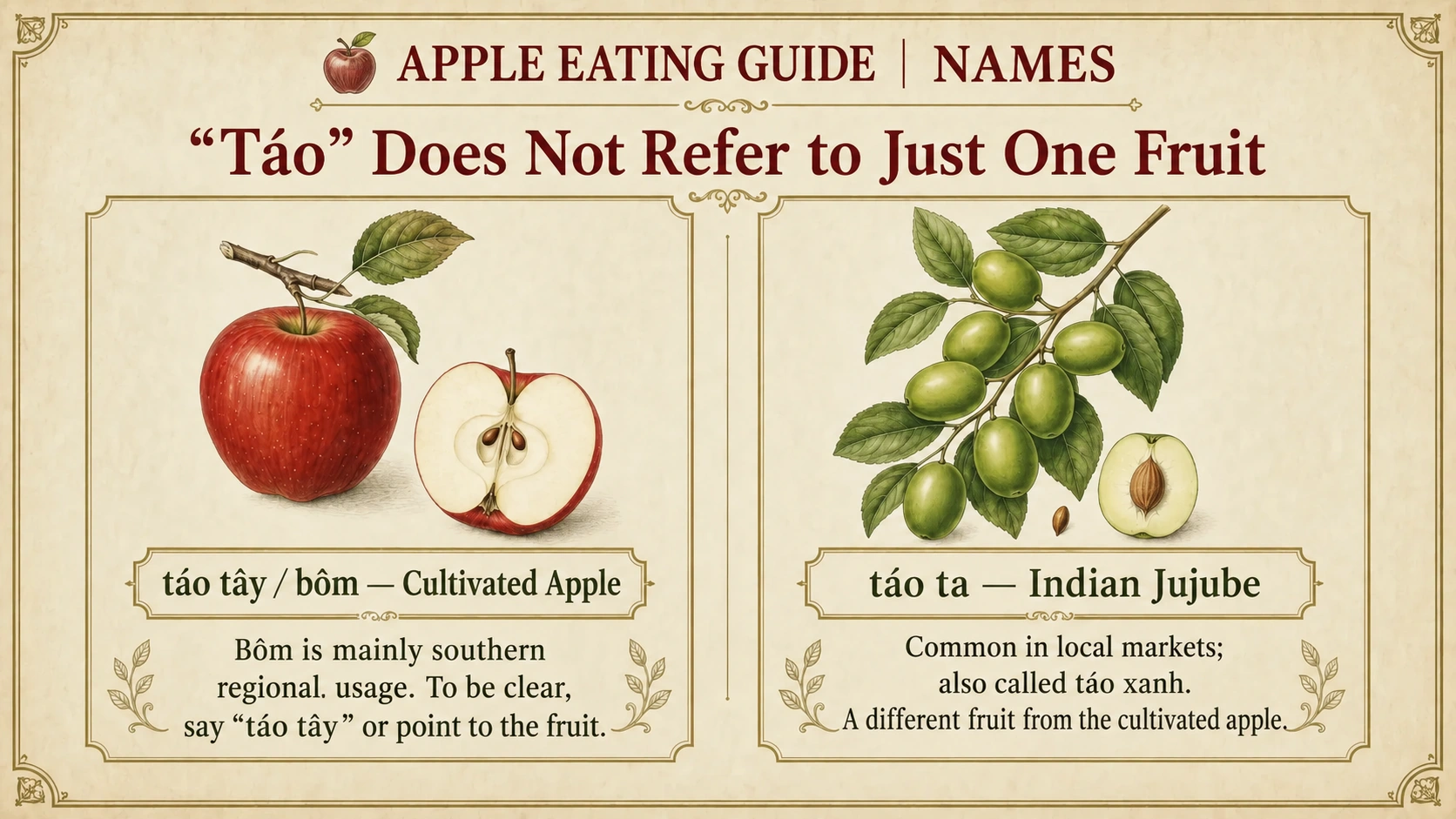 Cultivated apples, táo tây, compared with Indian jujubes, táo ta