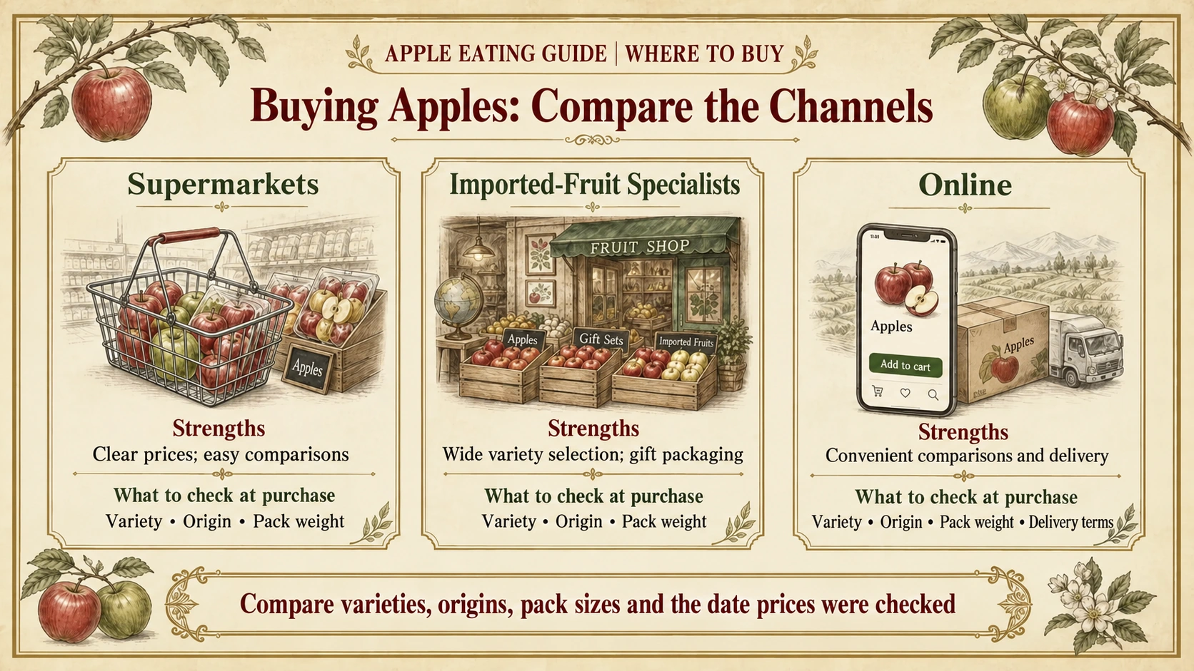 Buying apples at supermarkets, imported-fruit specialists and online stores