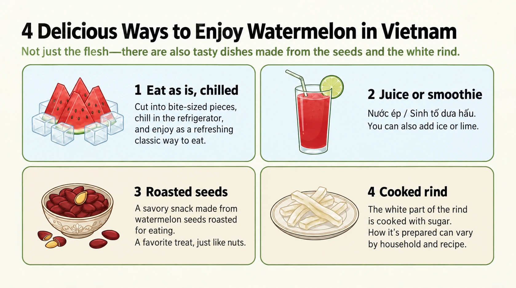 Four preparations: chilled fruit, juice, roasted hạt dưa seeds and candied mứt dưa hấu rind.