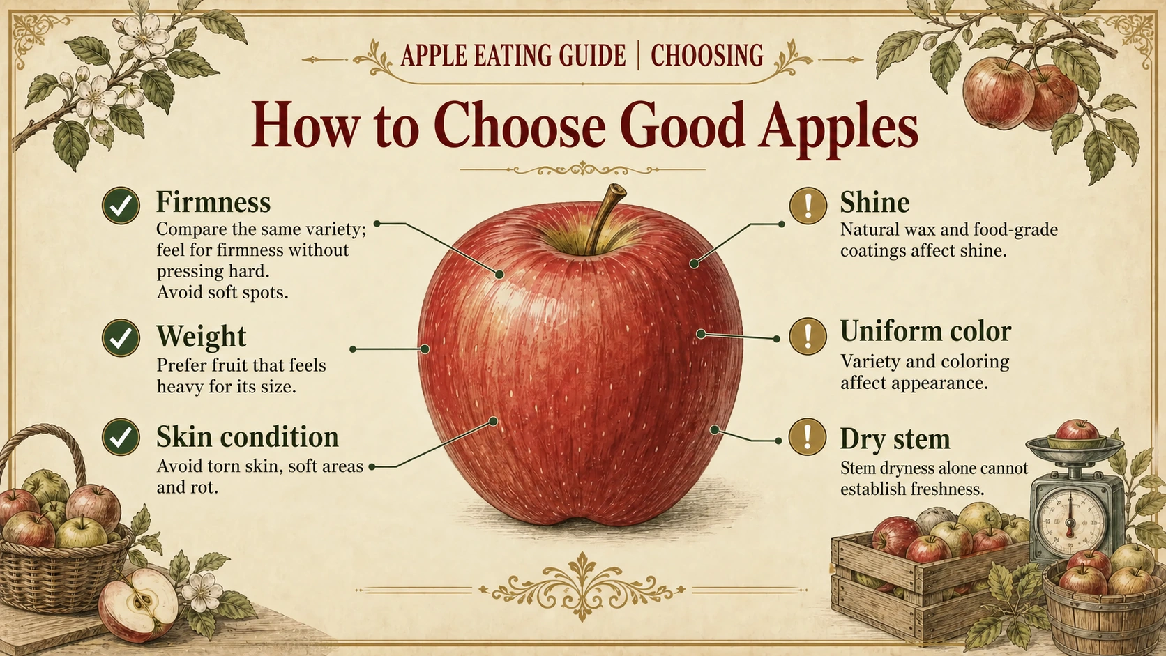 Choosing apples by firmness, weight and sound skin