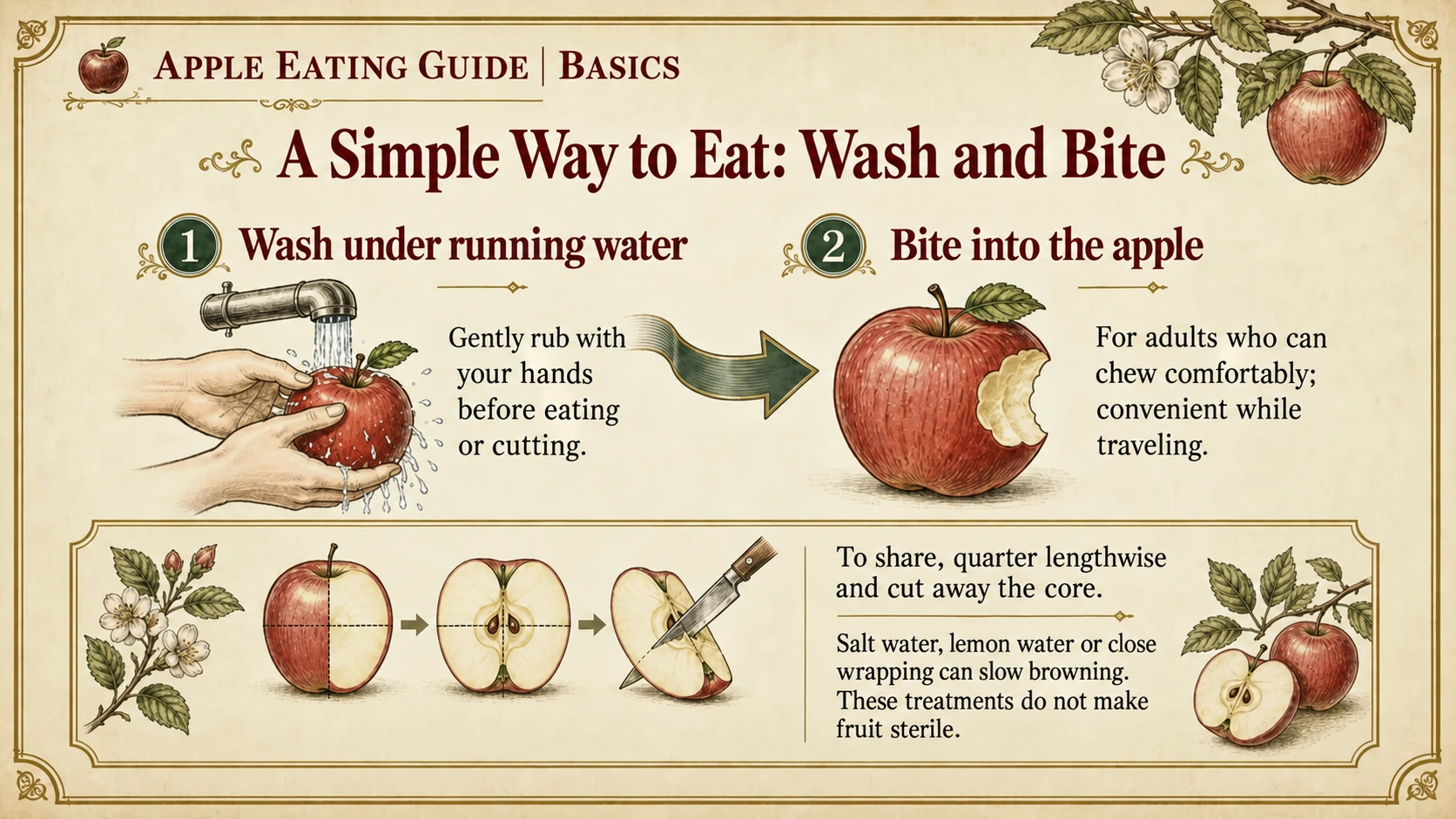 Basic apple preparation: wash and bite, or divide into wedges