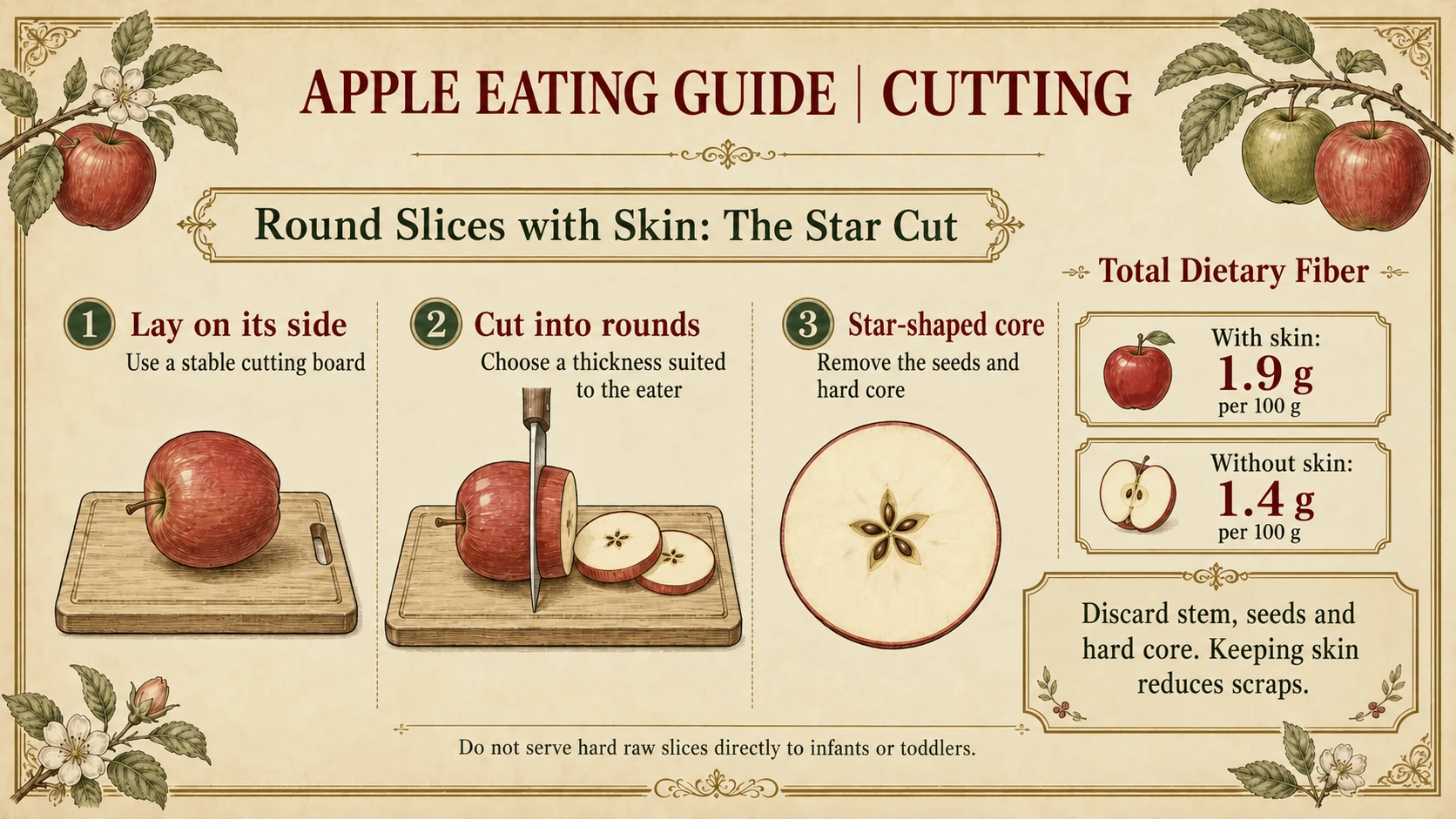 Three steps for round star-cut apple slices with skin
