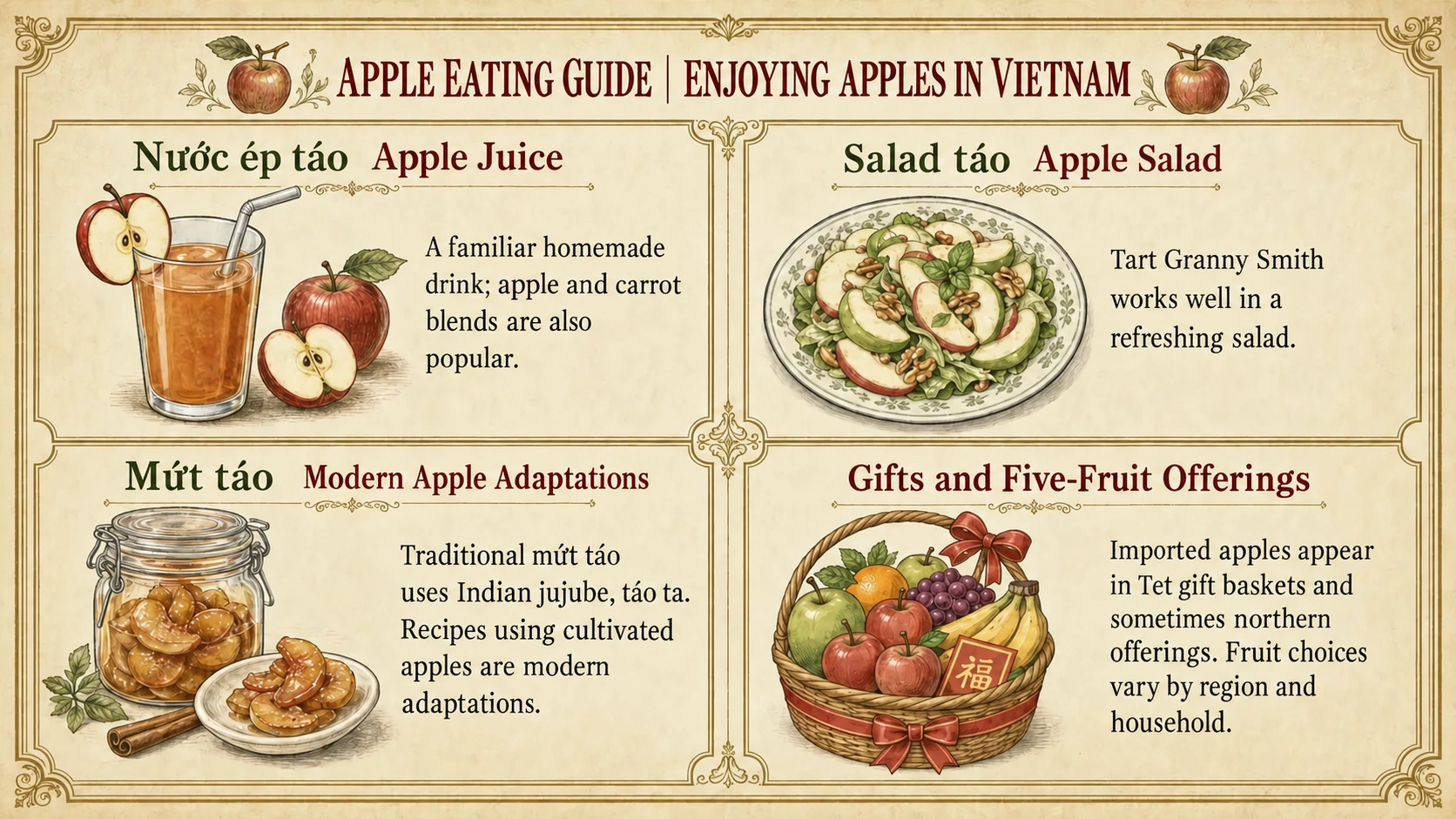 Apple juice, salad, modern candied-apple recipes and gift baskets in Vietnam