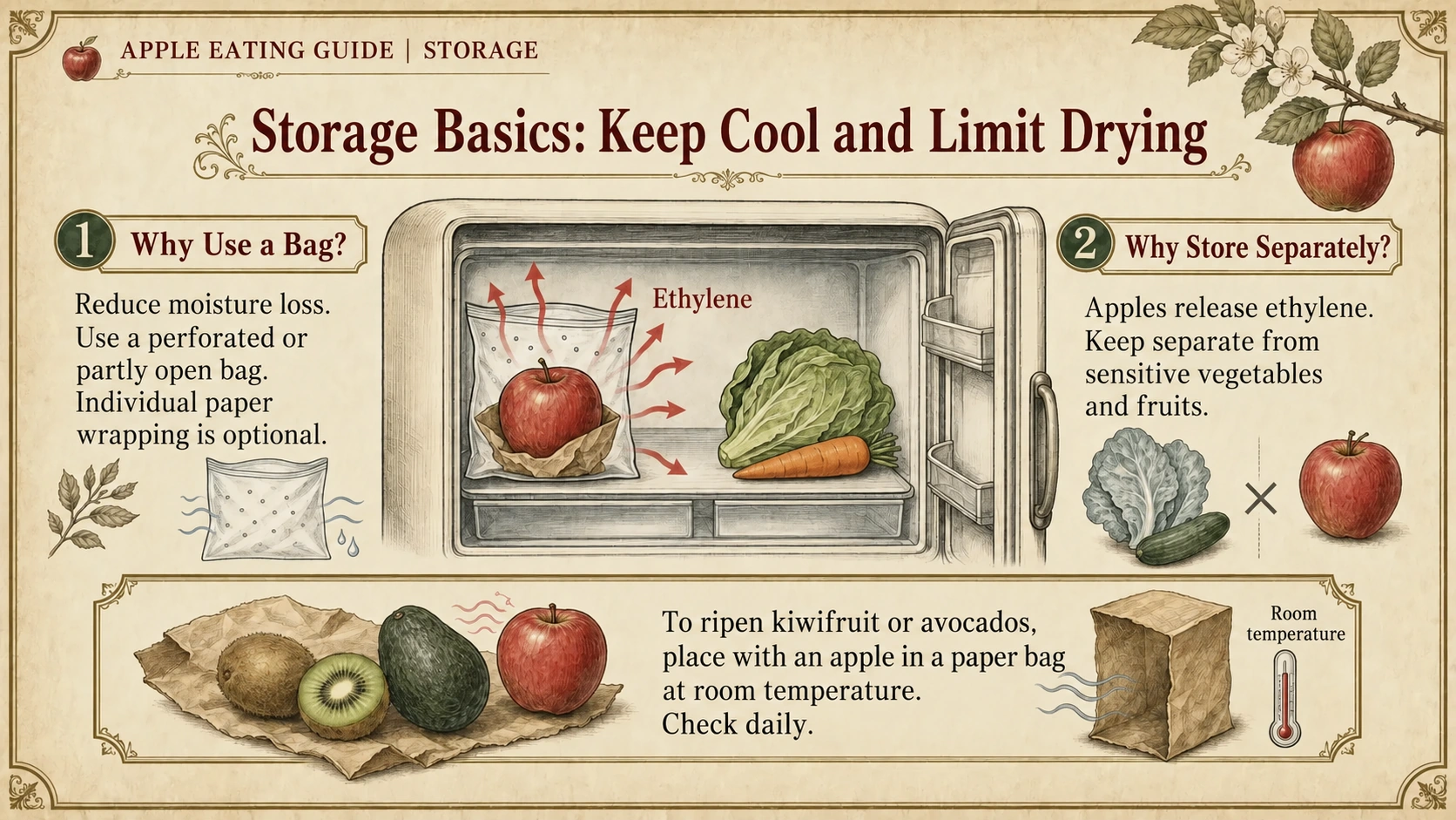 Storing apples: refrigeration, moisture protection and separation from ethylene-sensitive produce