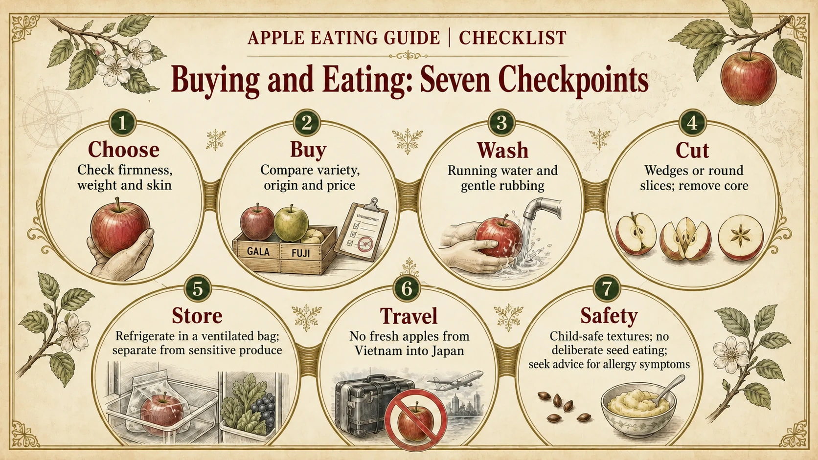Seven apple buying and eating checkpoints