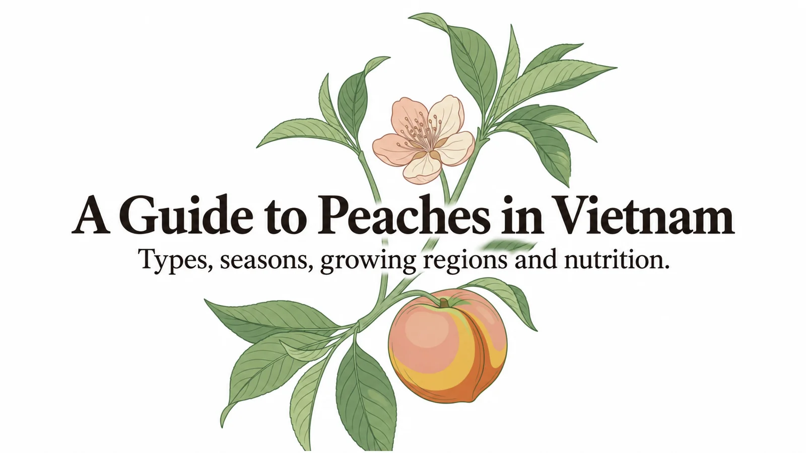 Botanical illustration of a peach branch with flowers and fruit
