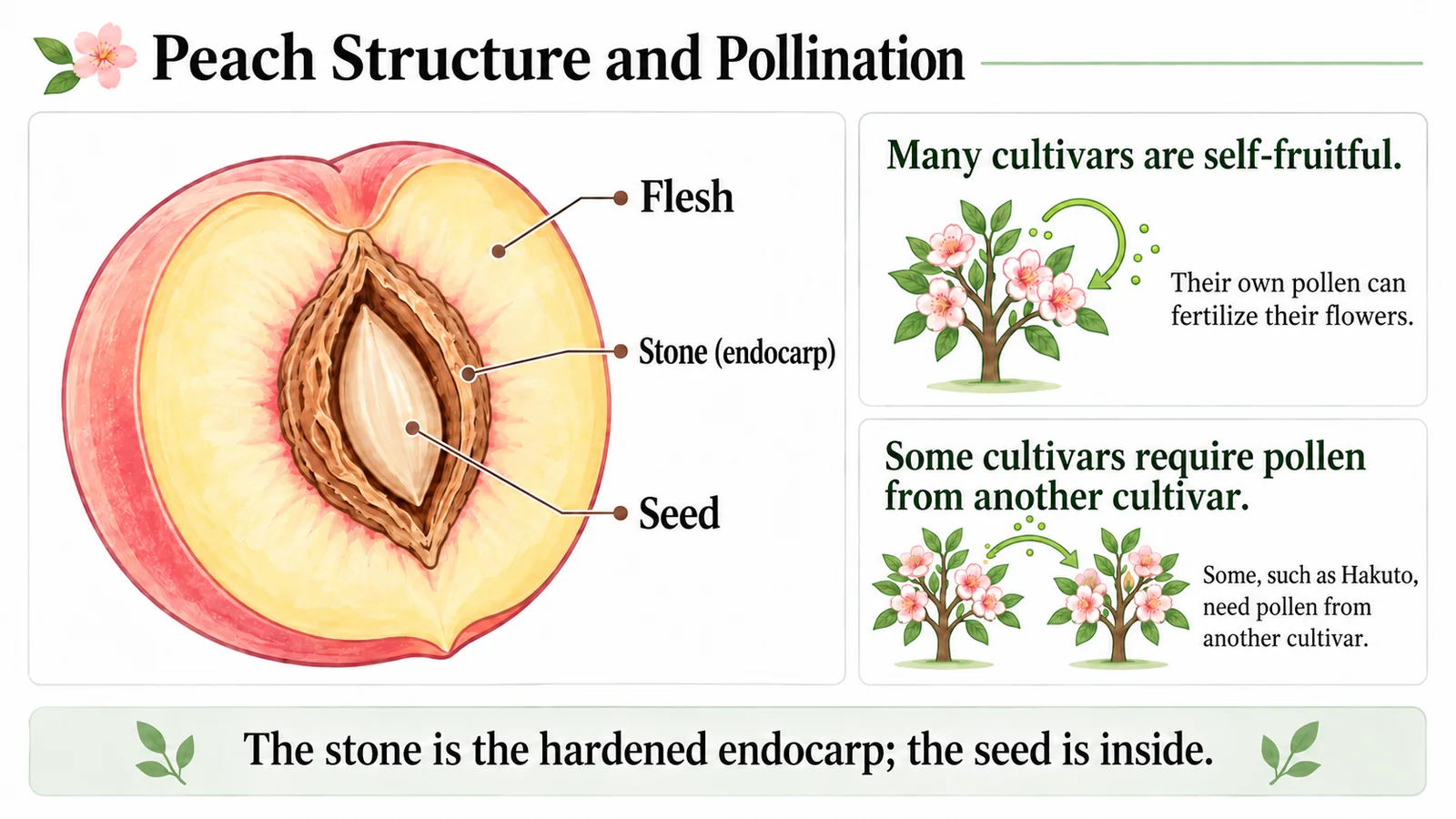 Cross-section showing peach flesh, the hard stone and the seed inside it, alongside pollination diagrams