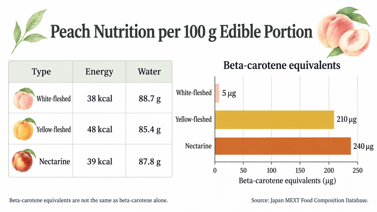 Energy, water and beta-carotene equivalents in white peaches, yellow peaches and nectarines