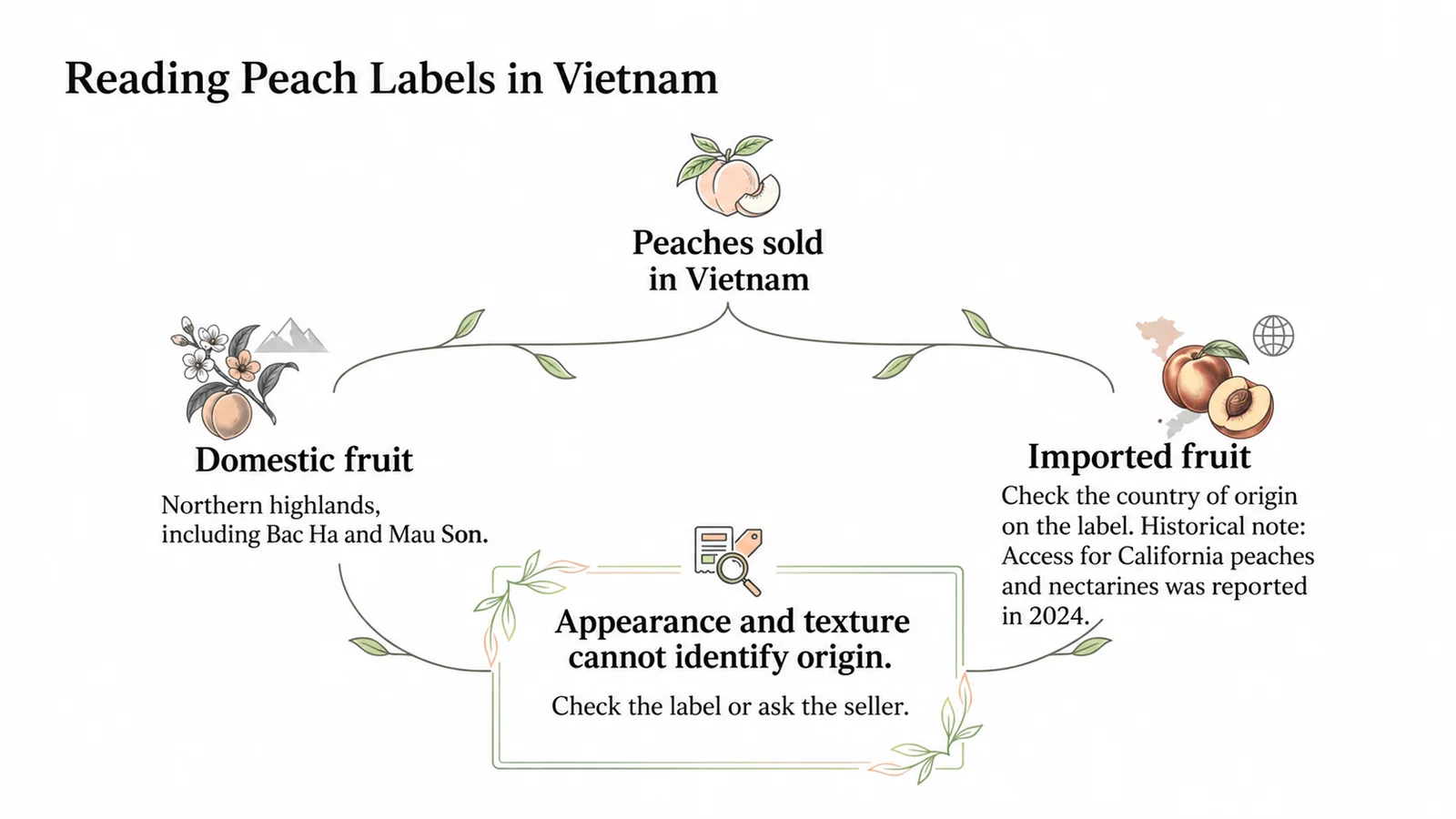 Domestic and imported peaches, with a reminder to read origin labels