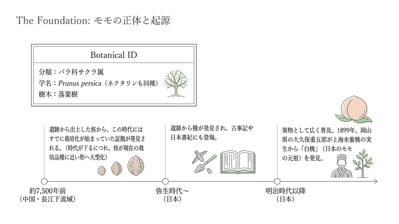 モモの分類(バラ科サクラ属、学名Prunus persica、落葉樹)と、約7,500年前の中国・長江下流域、弥生時代の日本、明治以降の白桃の発見までを示した年表