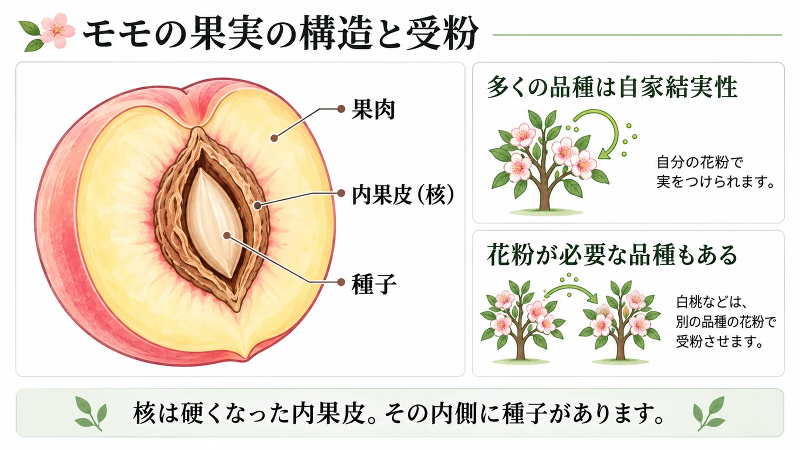 モモの果肉、硬い内果皮である核、その内側の種子の断面図