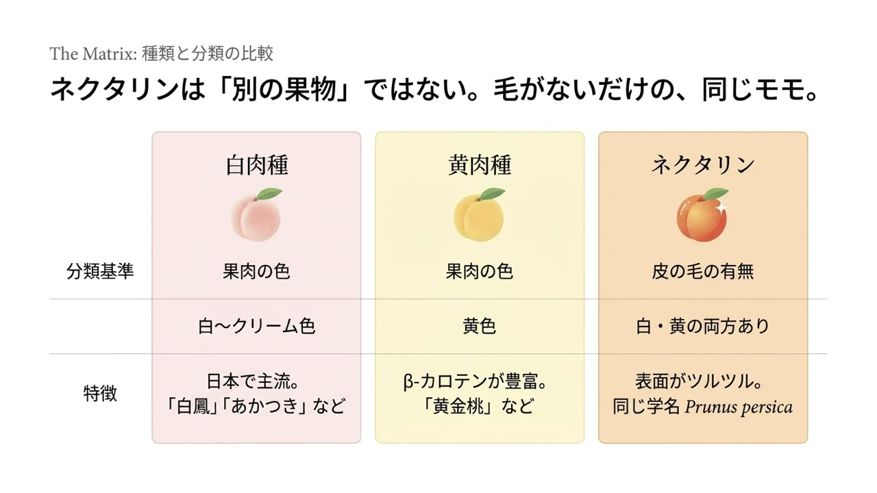 白肉種・黄肉種・ネクタリンを、分類の基準(果肉の色/皮の毛の有無)と特徴で比べた表