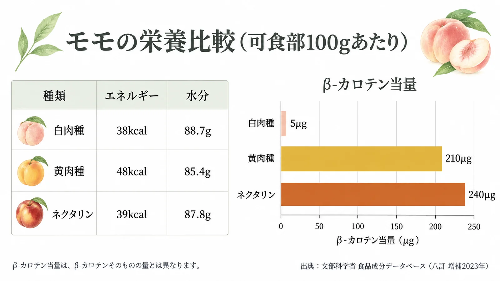 白肉種・黄肉種・ネクタリンのエネルギー、水分、β-カロテン当量の比較