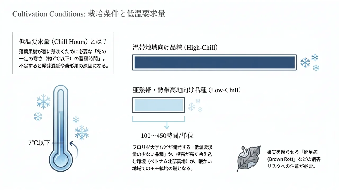 低温要求量の説明と、温帯向けの品種と低温要求量の少ない品種(100〜450単位)の違い、灰星病への注意を示した図