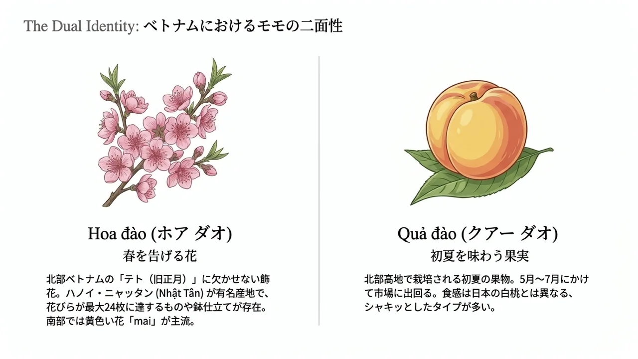 テトに飾る桃の花(hoa đào)と、初夏の果実(quả đào)を左右に並べた図