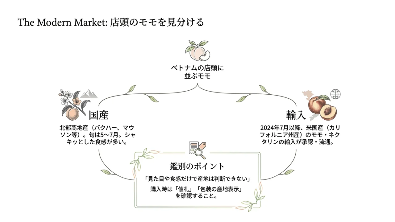 ベトナムの店頭に並ぶモモを国産(北部高地産)と輸入(米国カリフォルニア州産など)に分け、産地は値札や包装の表示で確認することを示した図