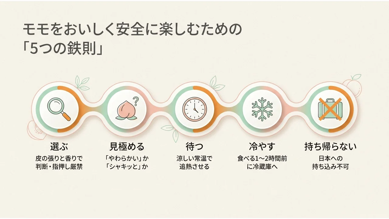 モモをおいしく安全に楽しむための5つの鉄則。選ぶ、見極める、待つ、冷やす、持ち帰らないをアイコンで並べた図