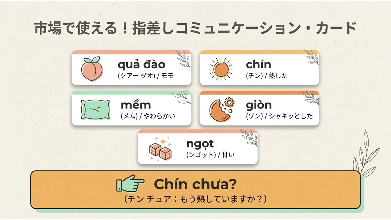 市場で使える指差しカード。quả đào、chín、mềm、giòn、ngọtの意味と、「Chín chưa?(もう熟していますか?)」の聞き方
