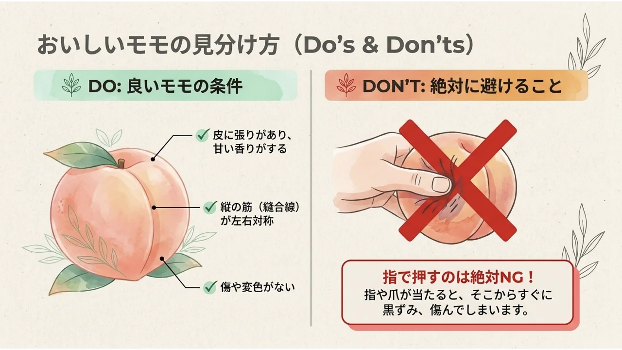おいしいモモの見分け方。良いモモの条件(皮の張りと甘い香り、左右対称の縫合線、傷や変色がない)と、指で押すのは避けることを示した図
