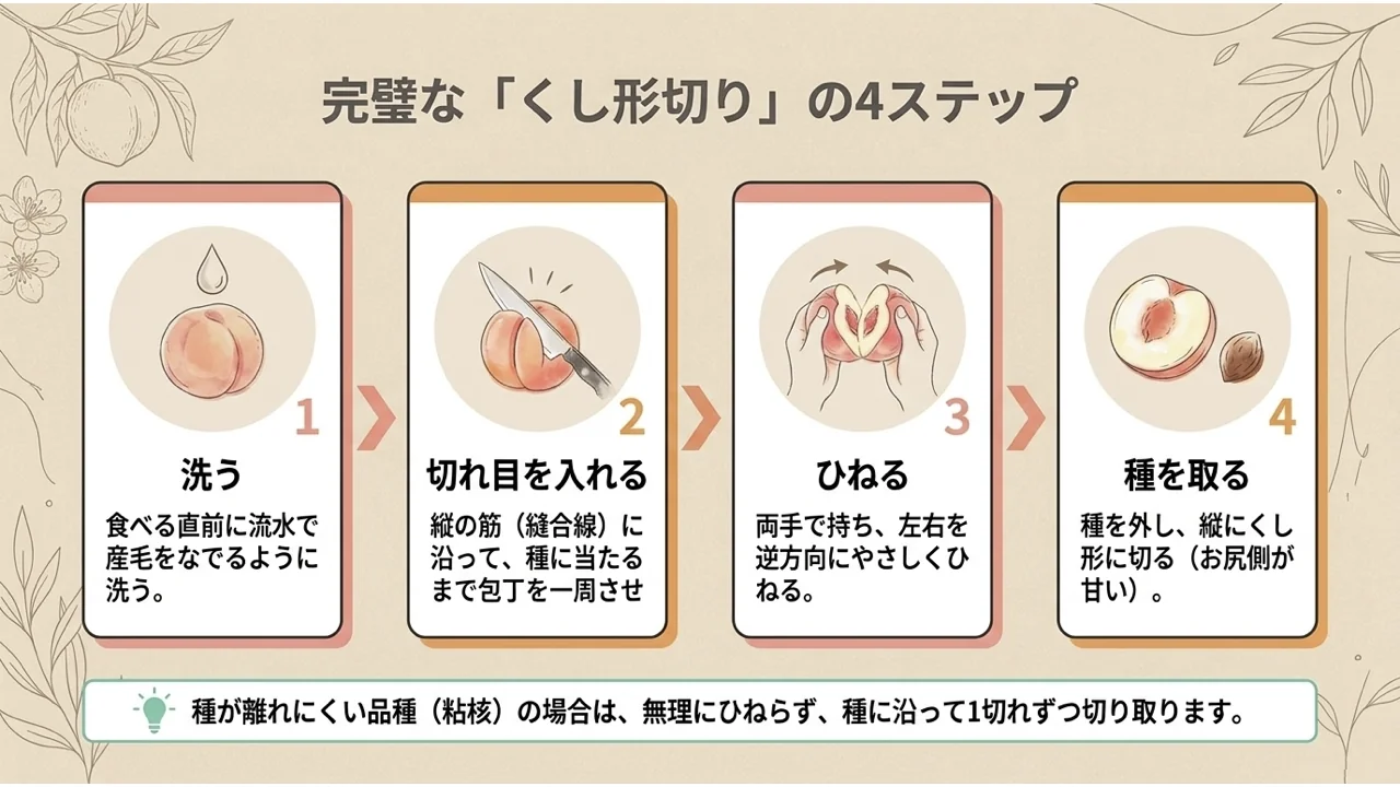 くし形切りの4ステップ。洗う、縫合線に沿って切れ目を入れる、左右逆にひねる、種を取ってくし形に切る。種が離れにくい品種は種に沿って1切れずつ切り取る