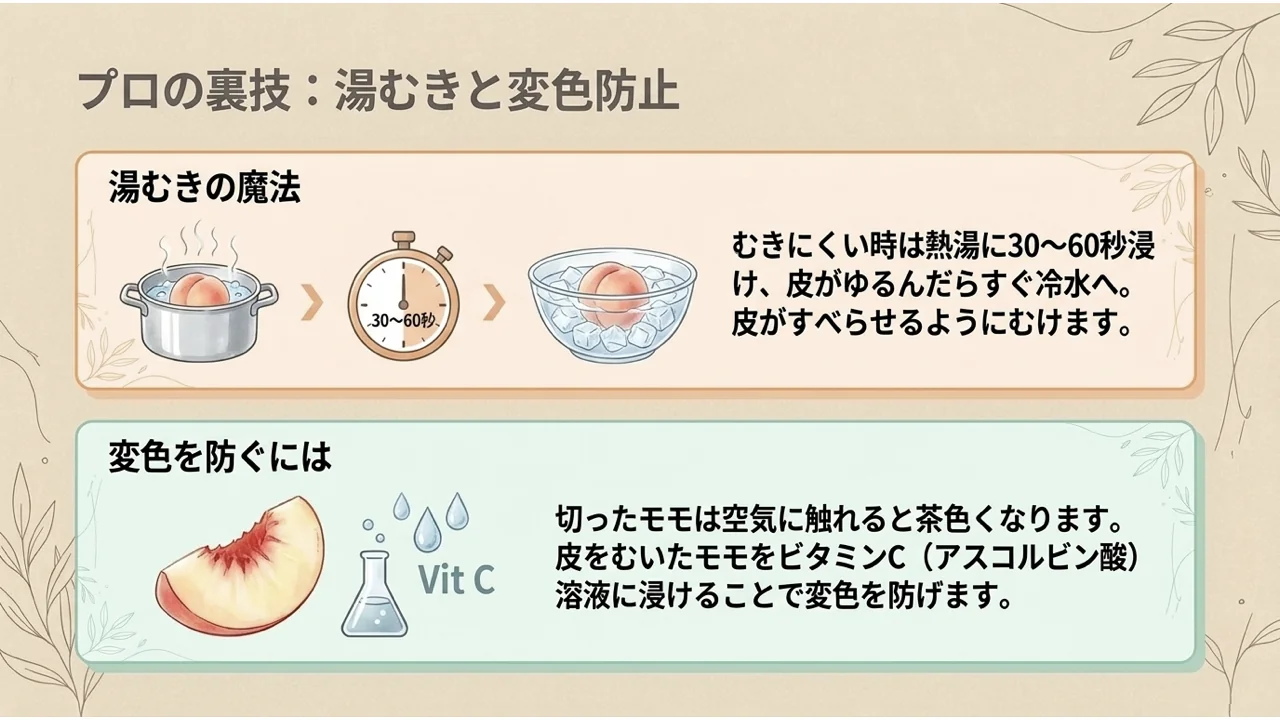 湯むきの手順(熱湯に30〜60秒、冷水に移して皮をむく)と、ビタミンC(アスコルビン酸)溶液で変色を防ぐ方法を示した図