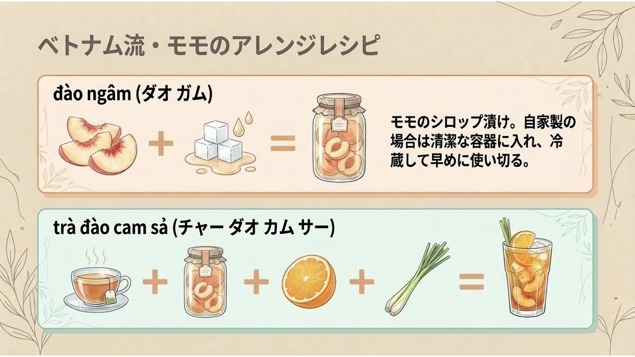 ベトナム流のモモのアレンジ。モモと砂糖で作るシロップ漬けđào ngâmと、紅茶・シロップ漬け・オレンジ・レモングラスで作るtrà đào cam sảを図式で示した図