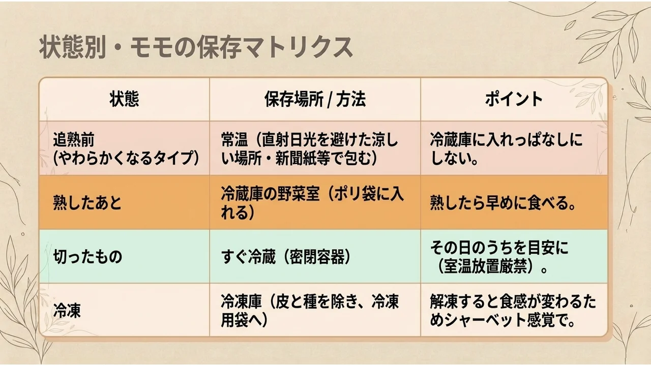状態別のモモの保存方法を表にした図。追熟前は常温、熟したあとは野菜室、切ったものはすぐ冷蔵、冷凍は皮と種を除いて冷凍用の袋へ