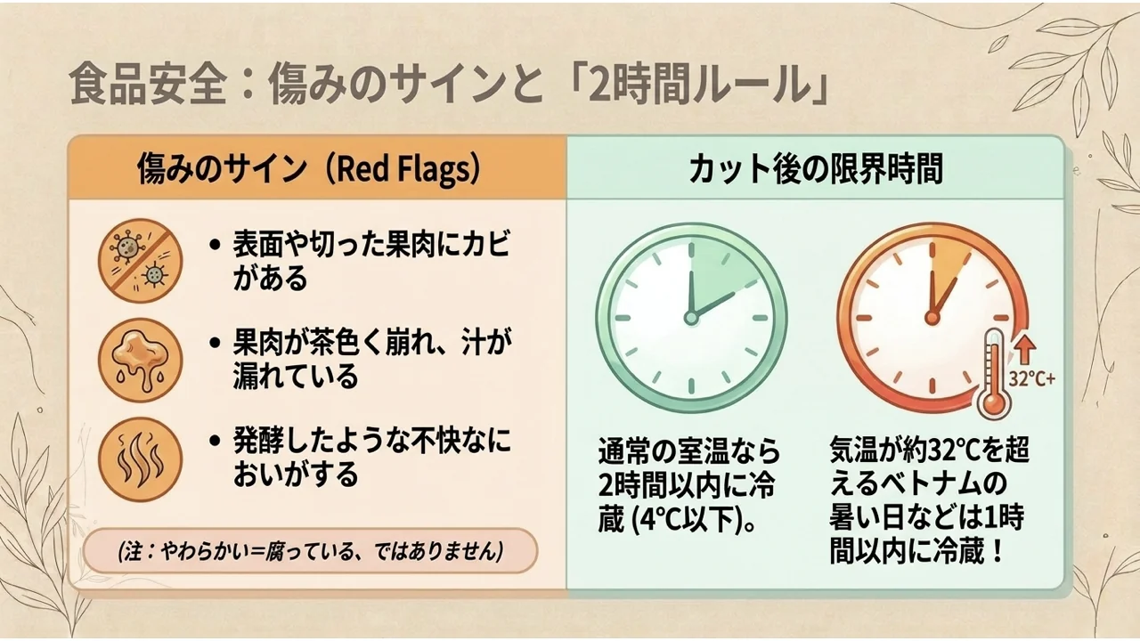 傷んだモモのサイン(カビ、果肉の崩れと汁漏れ、発酵したようなにおい)と、切った果物を2時間以内、約32℃を超えるときは1時間以内に冷蔵する目安を示した図