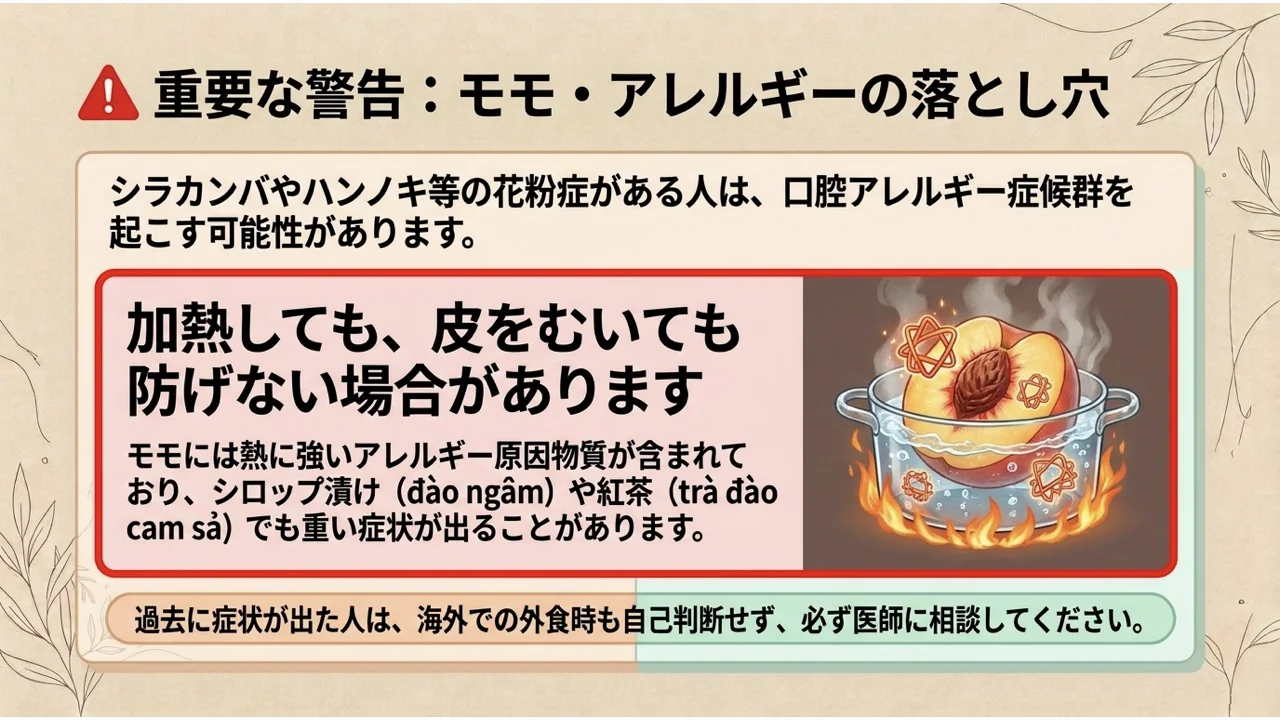 モモのアレルギーは加熱しても皮をむいても防げない場合があることを示した警告の図。シロップ漬けやtrà đào cam sảでも症状が出ることがある