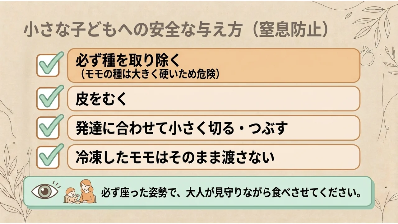 小さな子どもへの安全な与え方のチェックリスト。種を取り除く、皮をむく、発達に合わせて小さく切る・つぶす、冷凍したモモはそのまま渡さない、座って大人が見守る