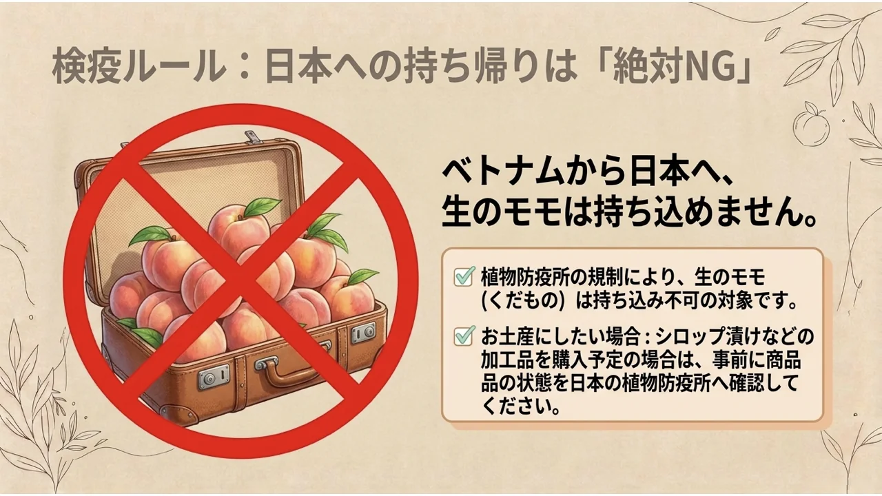 モモの入ったスーツケースに禁止マークを重ね、ベトナムから日本へ生のモモは持ち込めないことと、加工品は事前に植物防疫所へ確認することを示した図