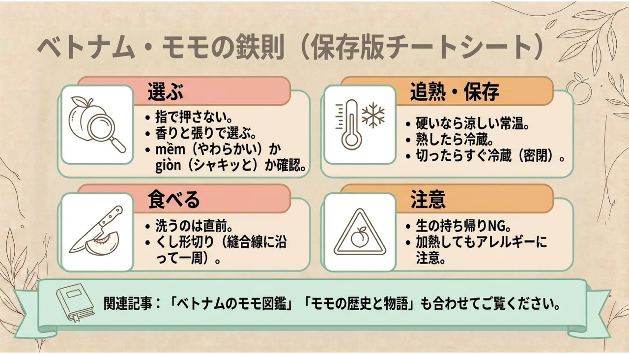 モモの鉄則をまとめたチートシート。選ぶ、追熟・保存、食べる、注意の4項目と、関連記事のモモ図鑑・モモの歴史と物語の案内
