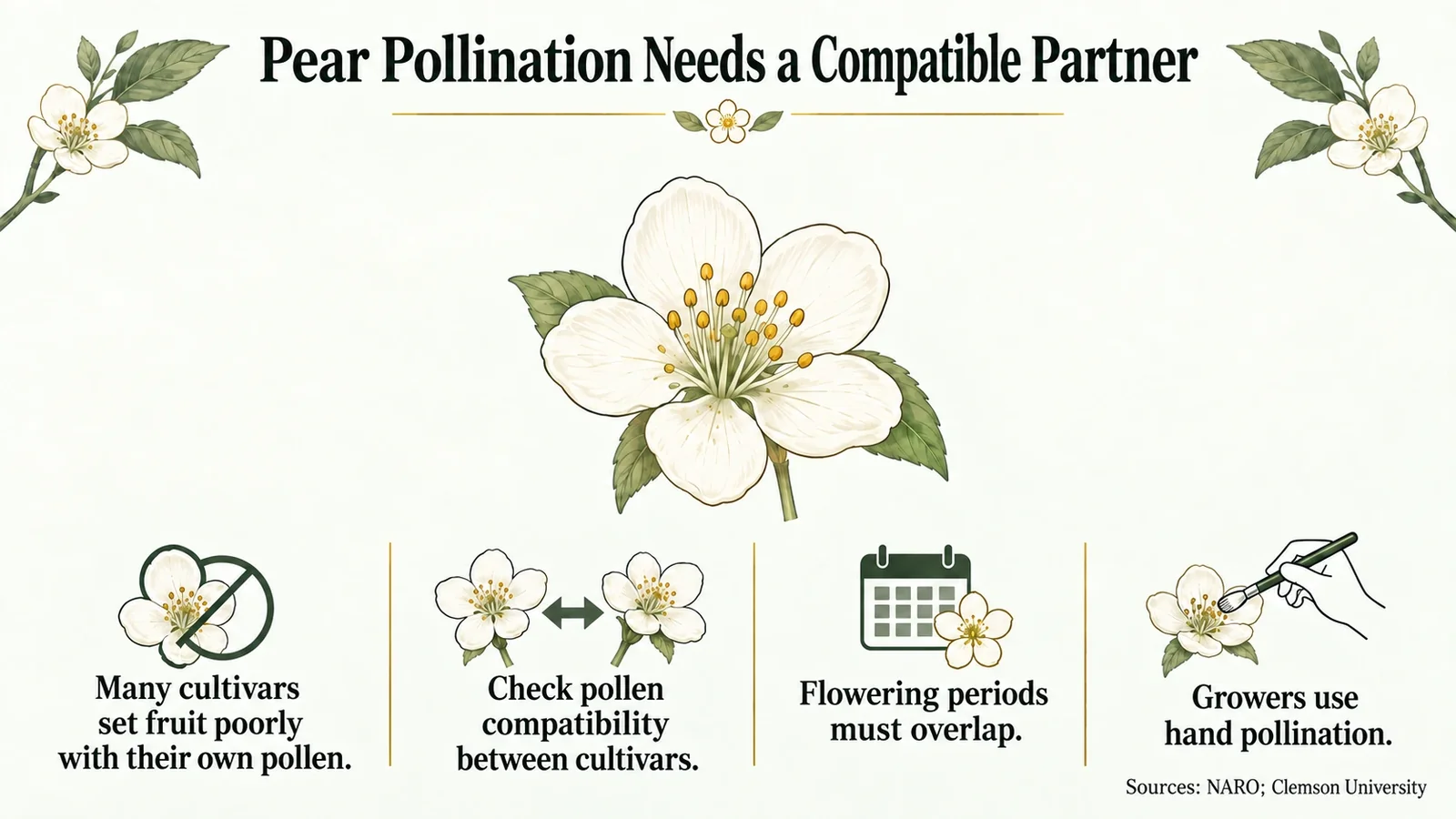 Compatible pollen, overlapping flowering periods and hand pollination in pears