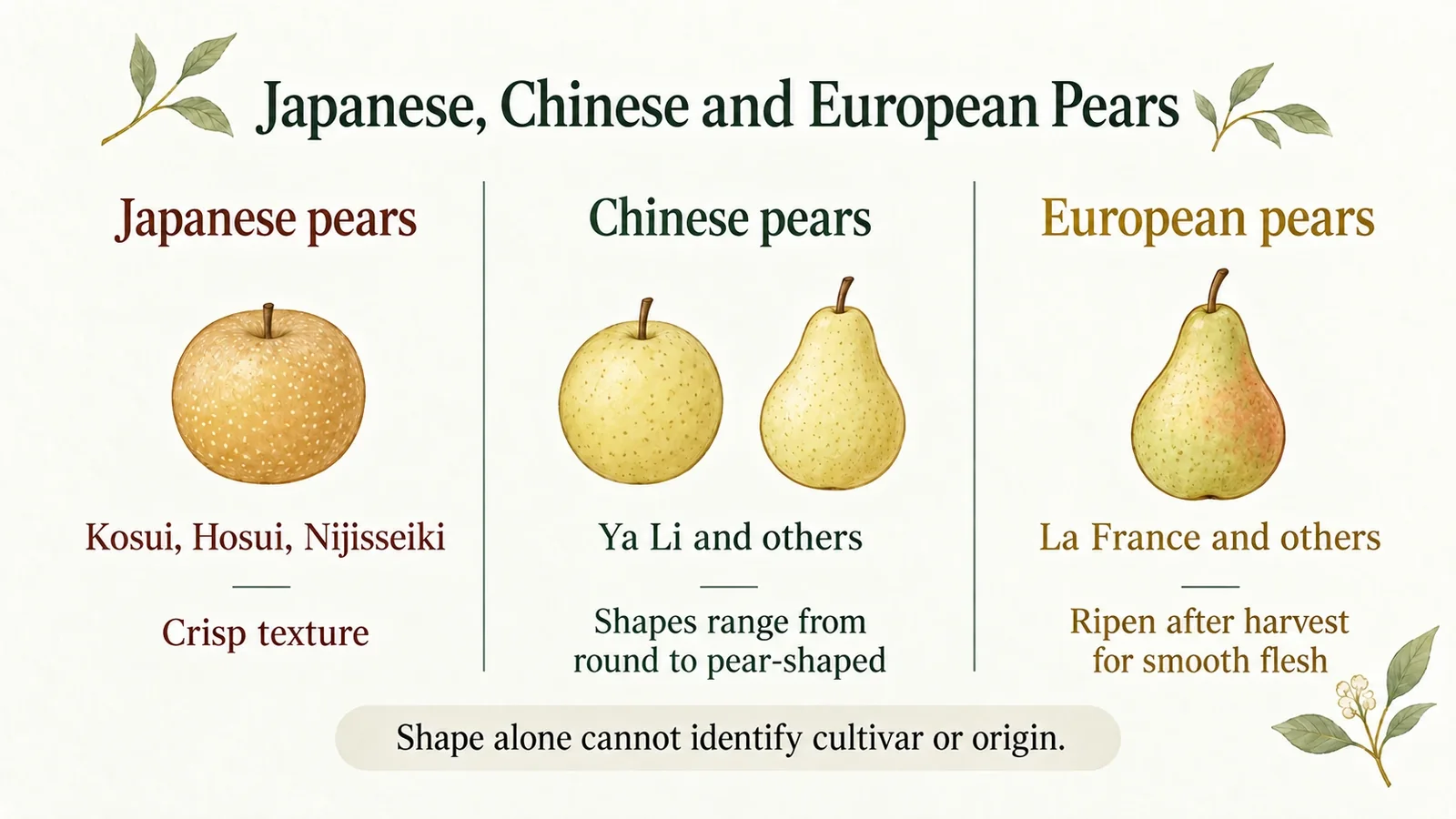 Japanese, Chinese and European pears compared by cultivar, shape and texture