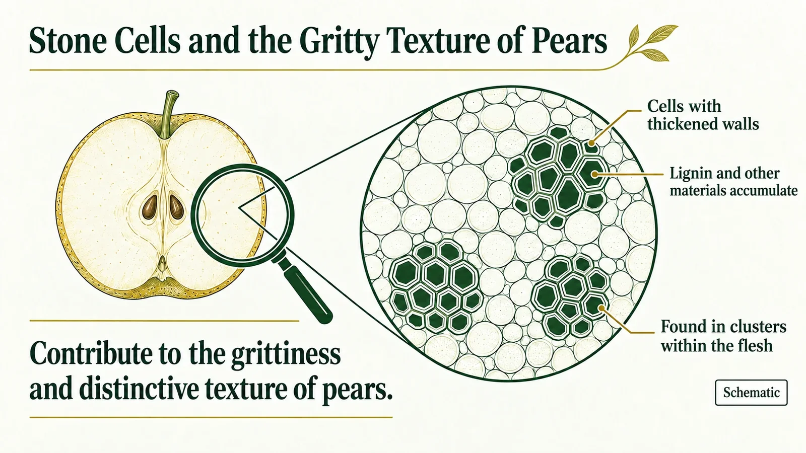 Schematic showing clusters of thick-walled stone cells in pear flesh