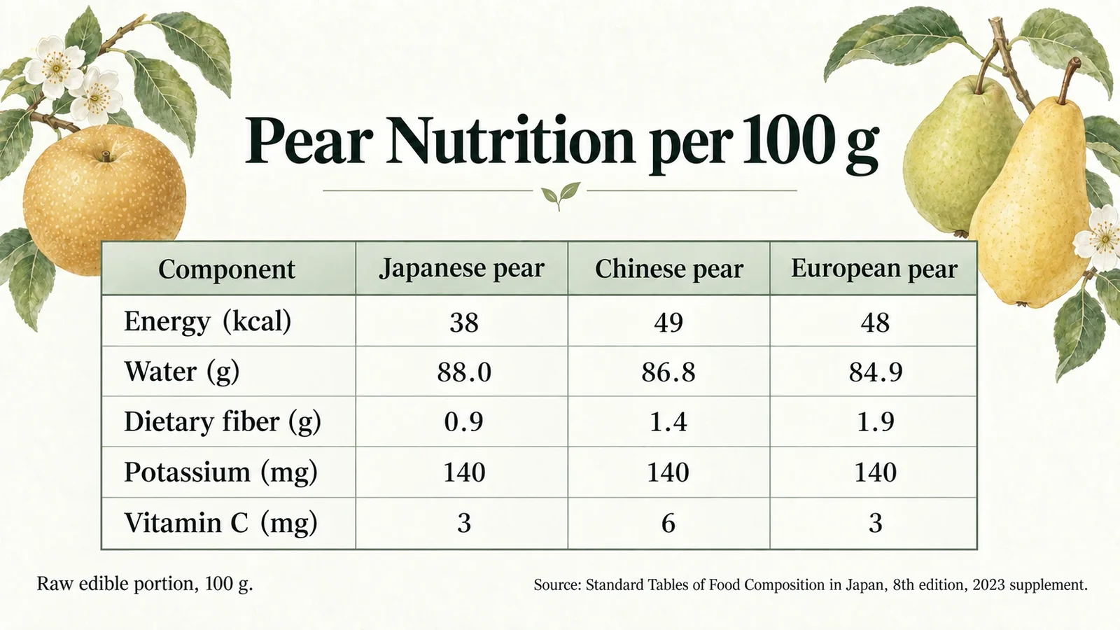 Nutrition comparison for Japanese, Chinese and European pears per 100 g