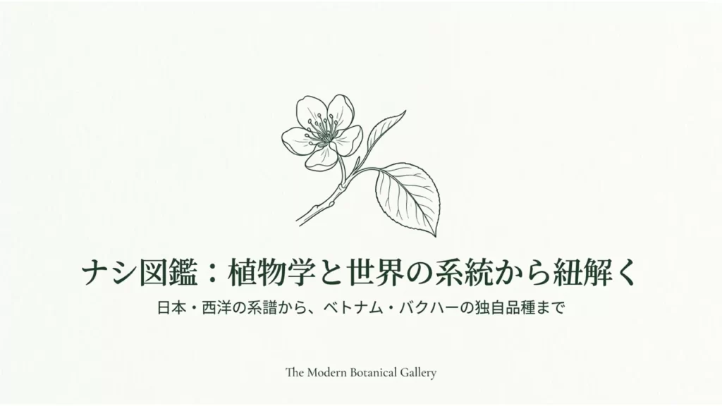 ナシの白い花と葉を描いたナシ図鑑の表紙