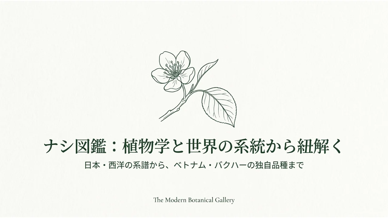 ナシの白い花と葉を描いたナシ図鑑の表紙
