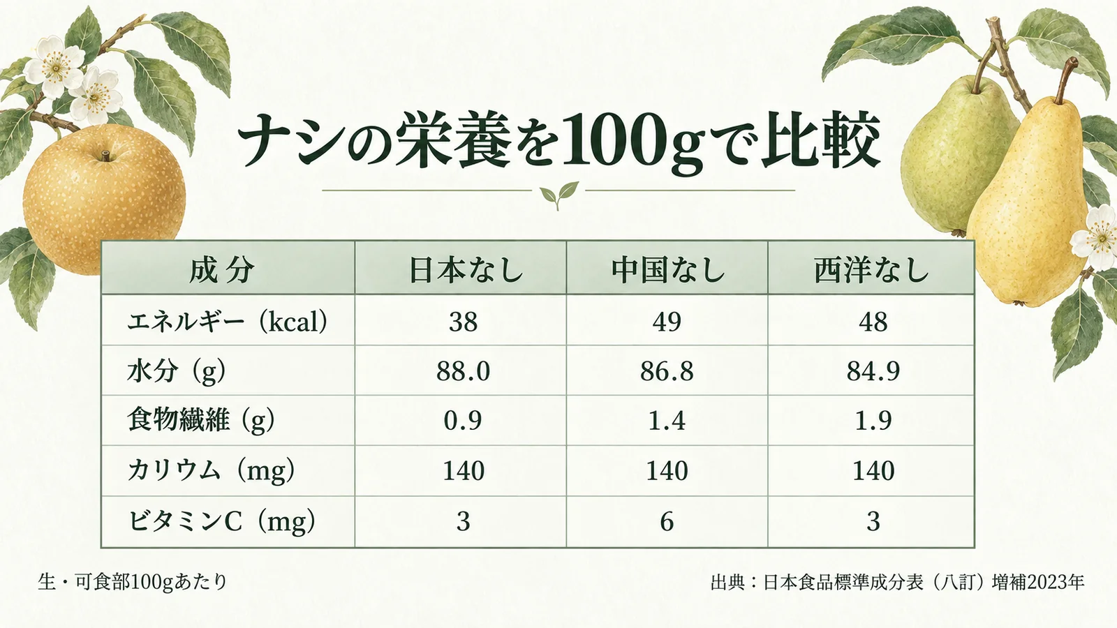 ナシの栄養を100gで比較