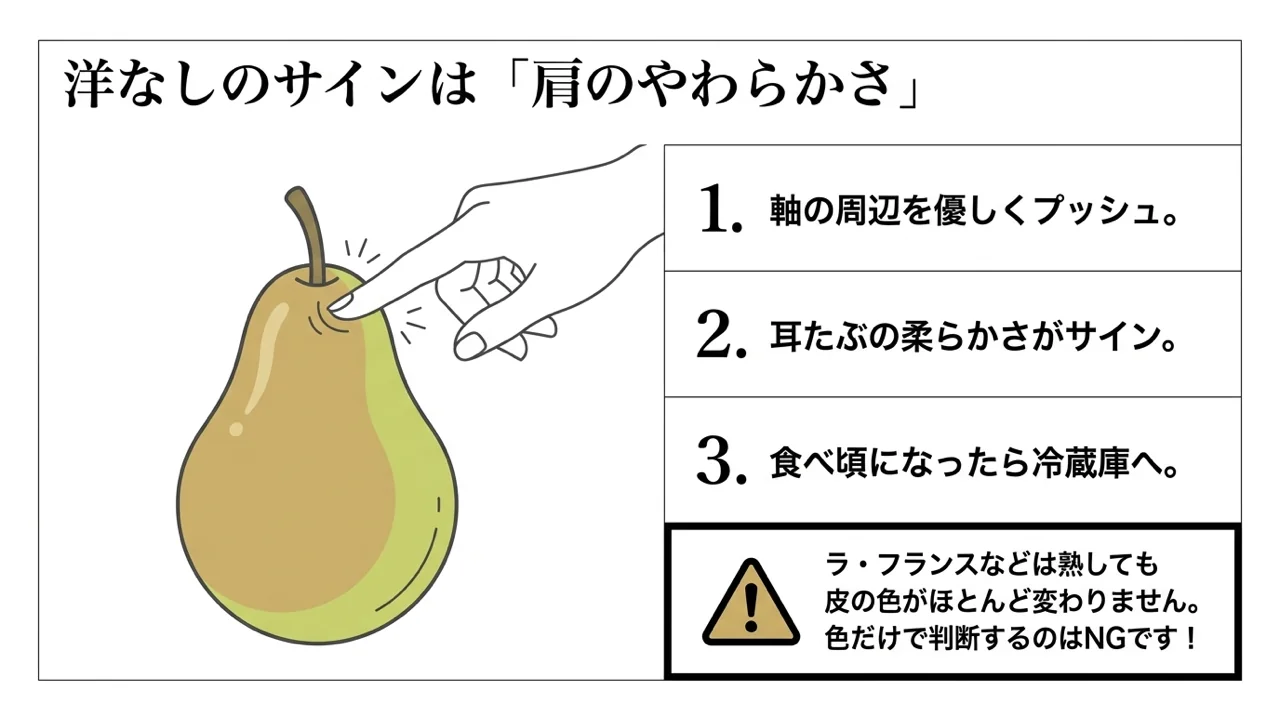 ラ・フランスの食べ頃を軸の周りのやわらかさで確かめる方法