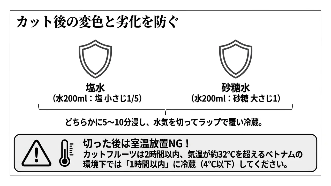 切ったナシの変色を抑える塩水・砂糖水の配合と冷蔵の注意