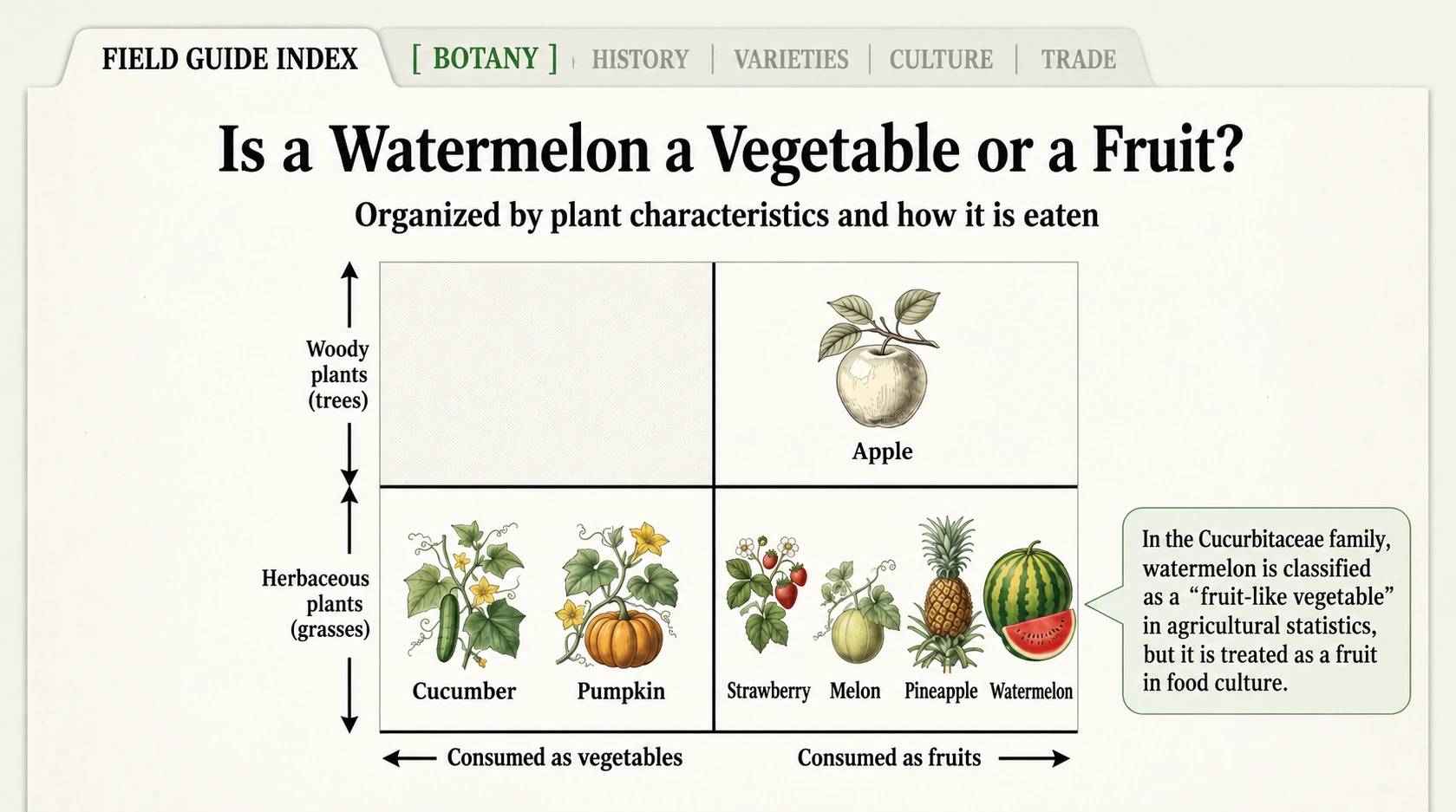 Botanical fruit, fruit vegetable in Japan’s agricultural statistics, and fruit in everyday food culture.