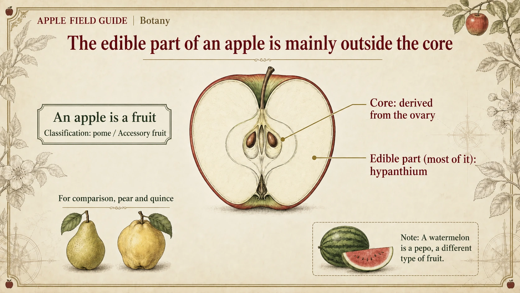 Apple cross-section showing the ovary-derived core and surrounding edible flesh